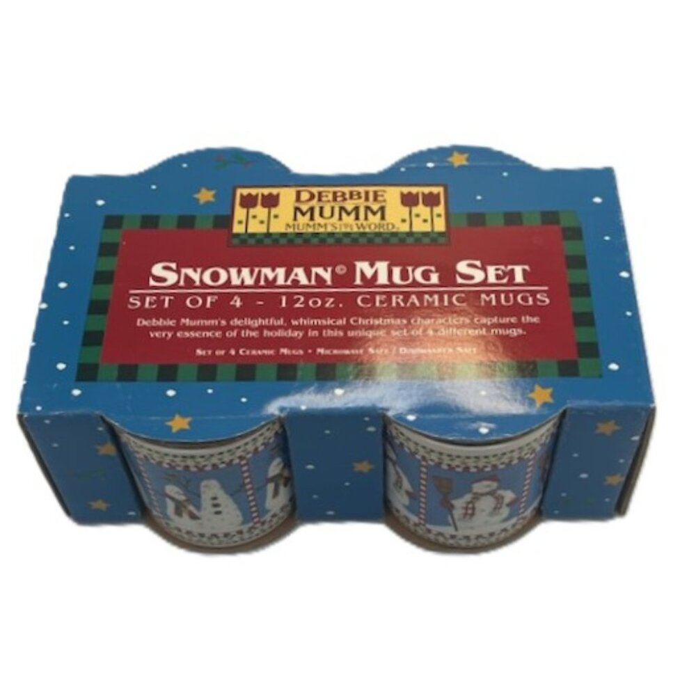 Debbie Mumm Set of 4 Ceramic 12oz Coffee Mugs Snowman Motif Seasonal Holiday